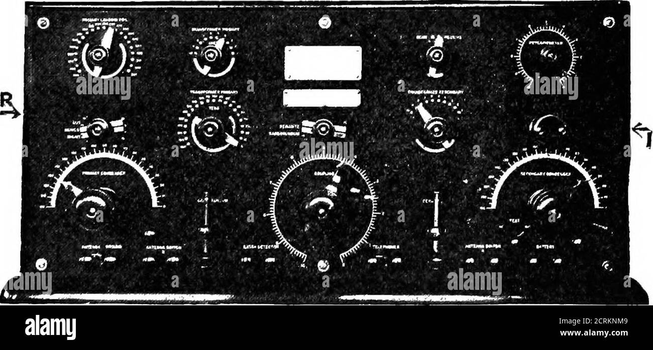 . Praktische drahtlose Telegrafie; ein komplettes Lehrbuch für Studenten der Funkkommunikation. Kondensator in der Schaltung, wird die Wellenlänge des Antennensystems progressiveerhöht (das heißt, die Schwingungsfrequenz verringert), da der Steuergriff in die Richtung der maximalen Kapazität bewegt wird. Bei starken Interferenzen kann die Dämpfung der Empfangsantenne wie folgt verringert werden: Für eine gegebene Wellenlänge den Wellenvariablen Kondensator auf einen bestimmten Wert der Kapazität einstellen und Resonanz durch Zugabe von Induktivität an der Antennenabstimminduktivität erhalten, bis die maximale Reaktion ist Stockfoto