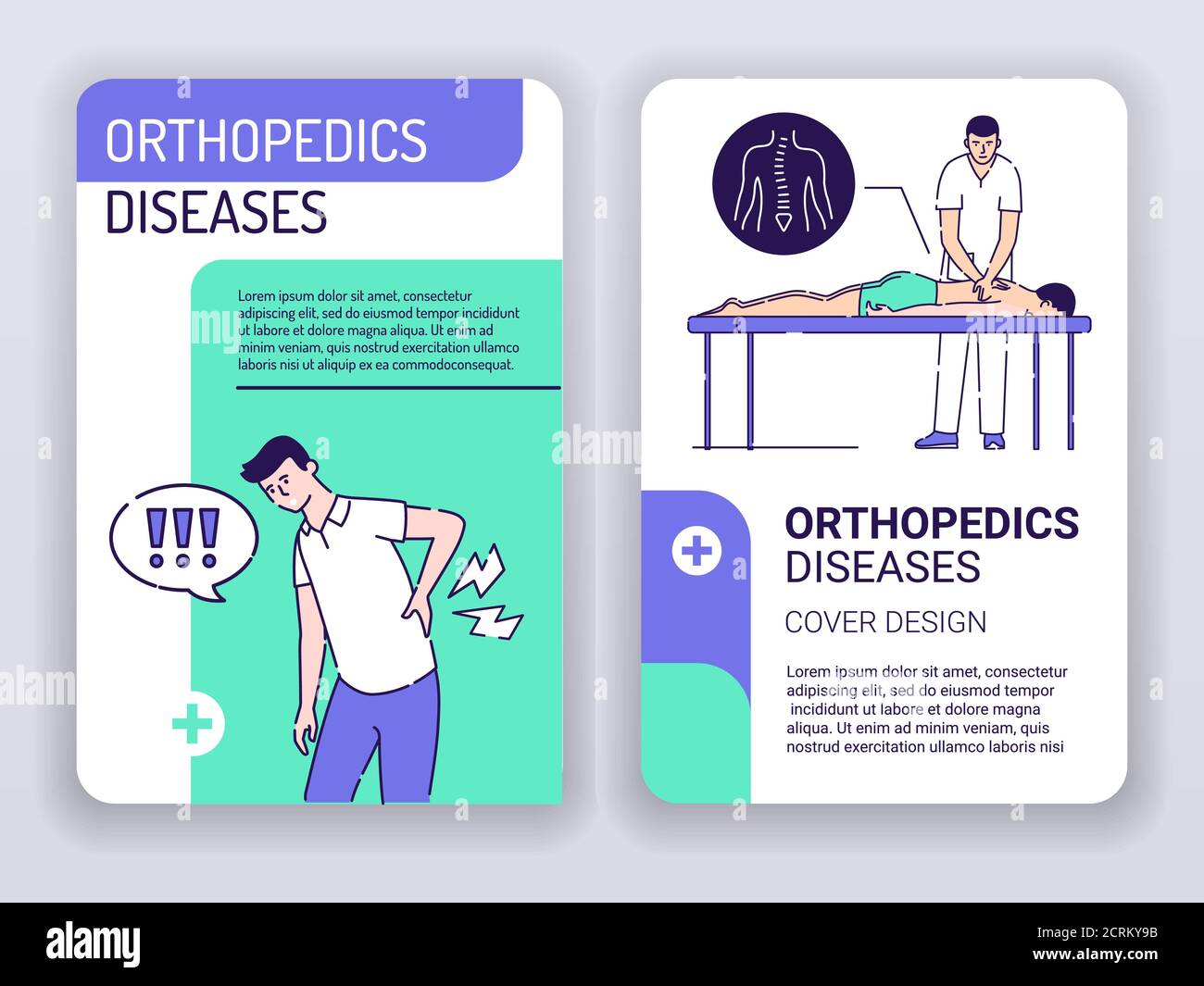 Orthopädie Krankheiten und Physiotherapie Web-Banner Broschüren Vorlage. Mann mit Rückenschmerzen und Arzt massiert Patienten. Druckdesign mit Linear Stock Vektor