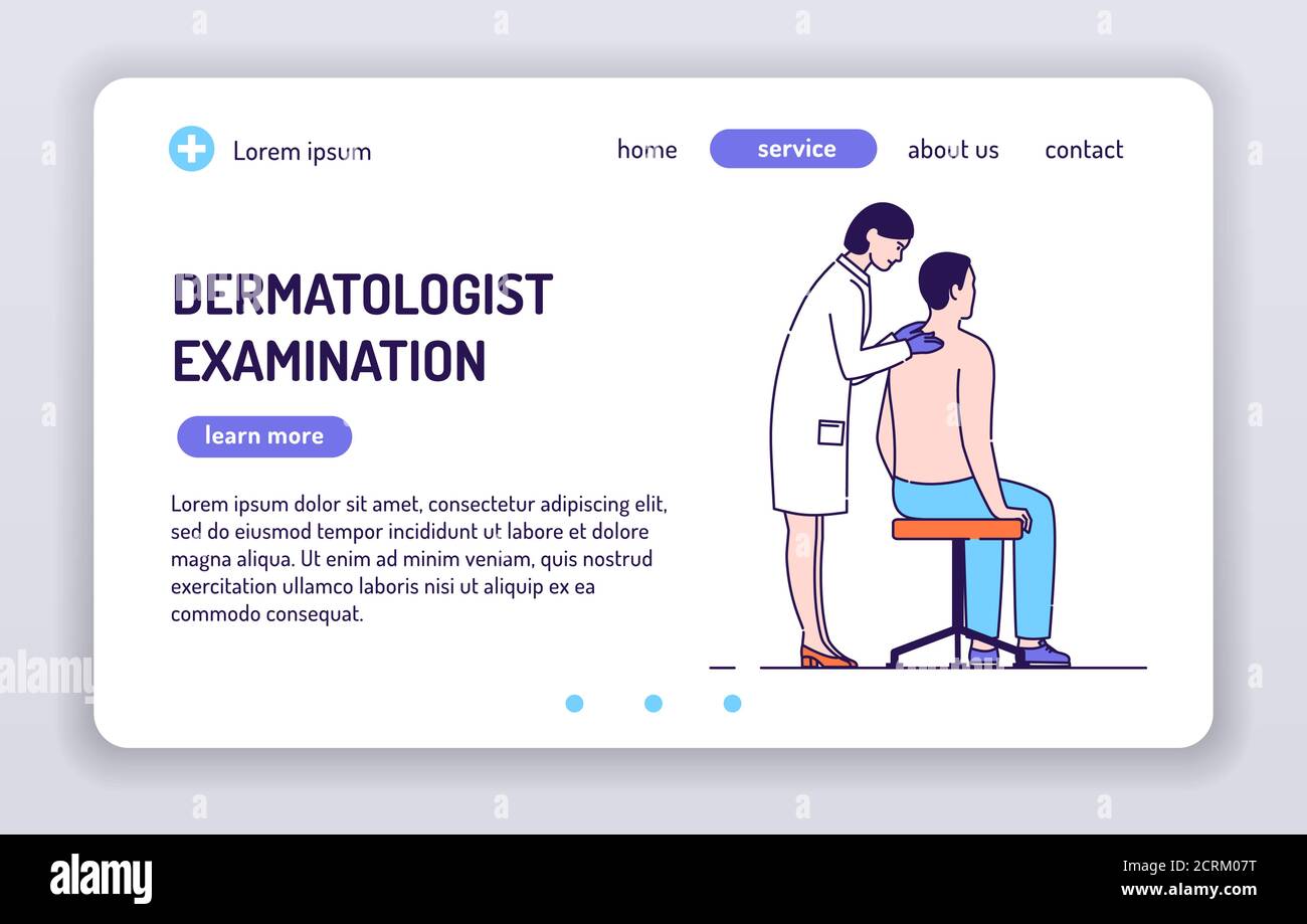 Webbanner zur Untersuchung von Dermatologen. Krankheitsdiagnostik oder Behandlung. Isolierte Zeichentrickfigur auf weißem Hintergrund. Konzept für Webseite, smm Stock Vektor