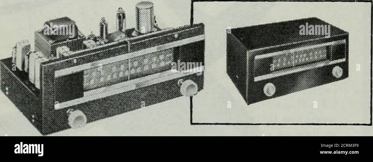 . QST. Neuer Knight 728 FM-AM Tuner-Unser Top-Wert entwickelt, um allieds höchste Spezifikationen – entspricht dem besten zu unvergleichlich niedrigen Kosten. Maxi-Mom AM Empfang, spannend auf FM. Merkmale: AFC auf FM: Sperrt die Station; zwei einfache Funktionen; Empfindlichkeit: FM, 5 mv für 20 db Ruhe, AM, 5 mv für 1 Volt Ausgang; Ansprechverhalten: 50-15.000 cps, ± 1 db; UKW-Töne, 88-108 mc, AM, 530-1650 kc; Ausgangspegel: FM, 4 Volt hohe imp., AM, 1 Volt hohe imp.; Summen, 60 db unter Ausgang; Ausgangssignale für Verstärker und Kassettenrekorder; 300-Ohm-UKW-Antenneneingang, AM, High-imp.Loop oder Antenne. Nur 53^xl3%x7i/^tief. Komplett mit UKW-AM-Antenne. Stockfoto