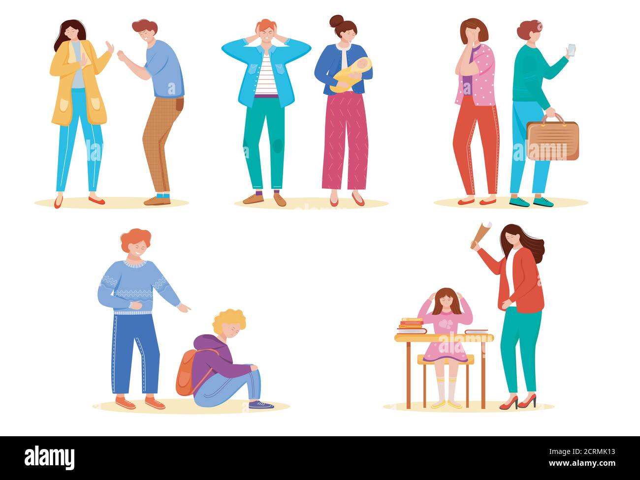 Trouble Relationship flache Vektor-Illustrationen gesetzt. Schulprobleme. Mobbing im Teenageralter. Ehekonflikte. Streitertypen. Situation aufbrechen. Argumentieren und Stock Vektor