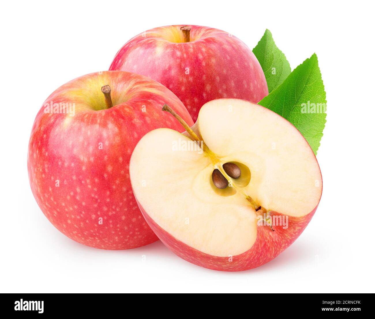 Isolierte Äpfel. Zwei ganze Pink Lady Äpfel und eine Hälfte isoliert auf weißem Hintergrund Stockfoto