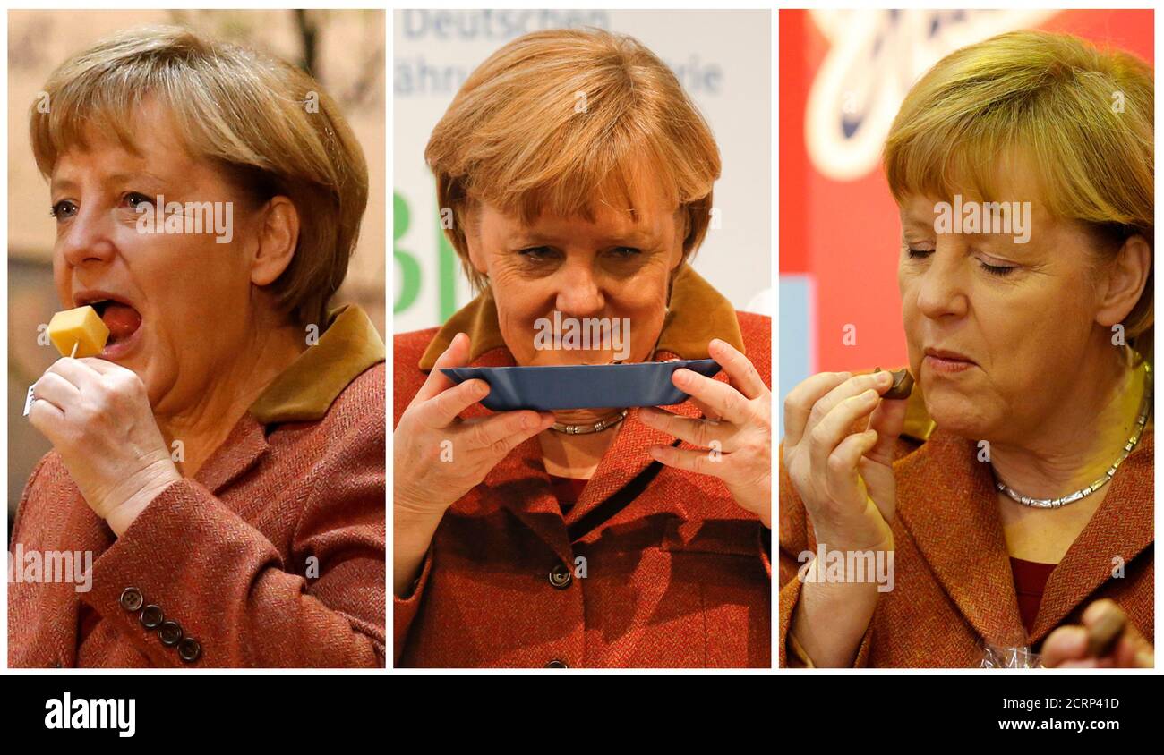 Eine Kombination Foto zeigt Bundeskanzlerin Angela Merkel holländischen  Käse Essen, gerösteten Kaffeebohnen riechen und reagieren wie sie isst  Schokolade während ihrer Tour im Internationale Gruene Woche  (internationale Grüne Woche) Landwirtschaft und ...