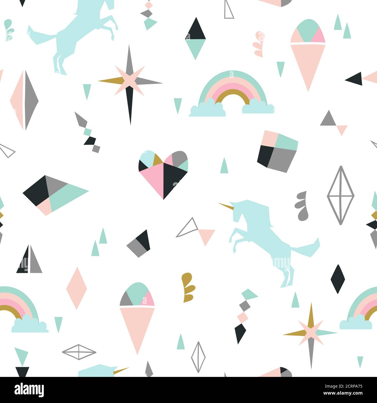 Nahtloses Muster mit Einhörnern, Wolken, Sternen, Diamant, Eis. Vektorgrafik Hintergrund Stock Vektor