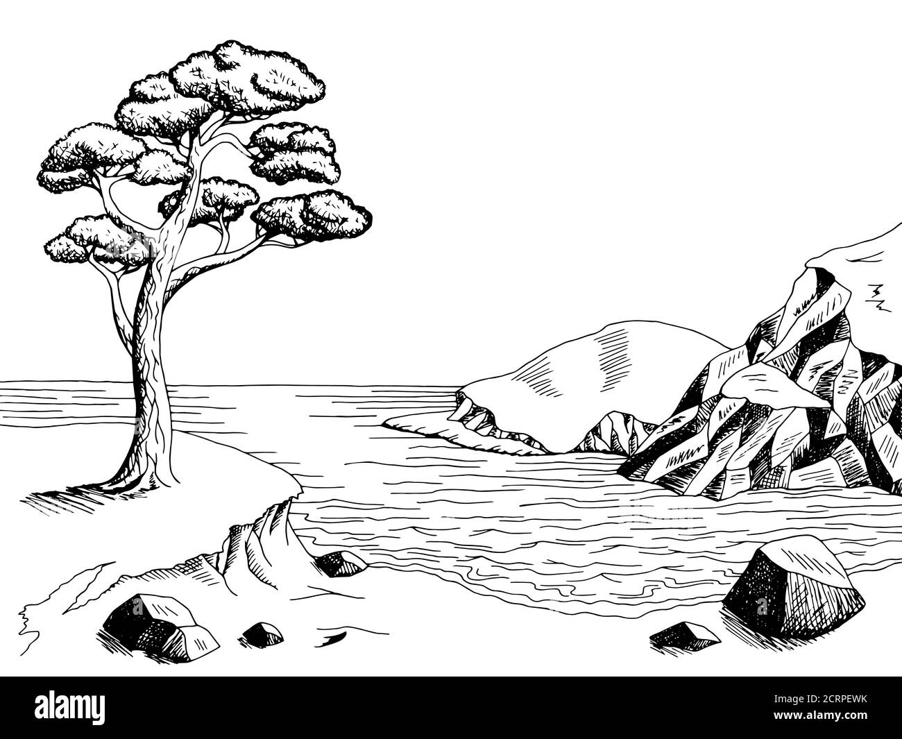 Meer Küste Grafik Kunst Kiefer schwarz weiß Landschaft Illustration Vektor Stock Vektor