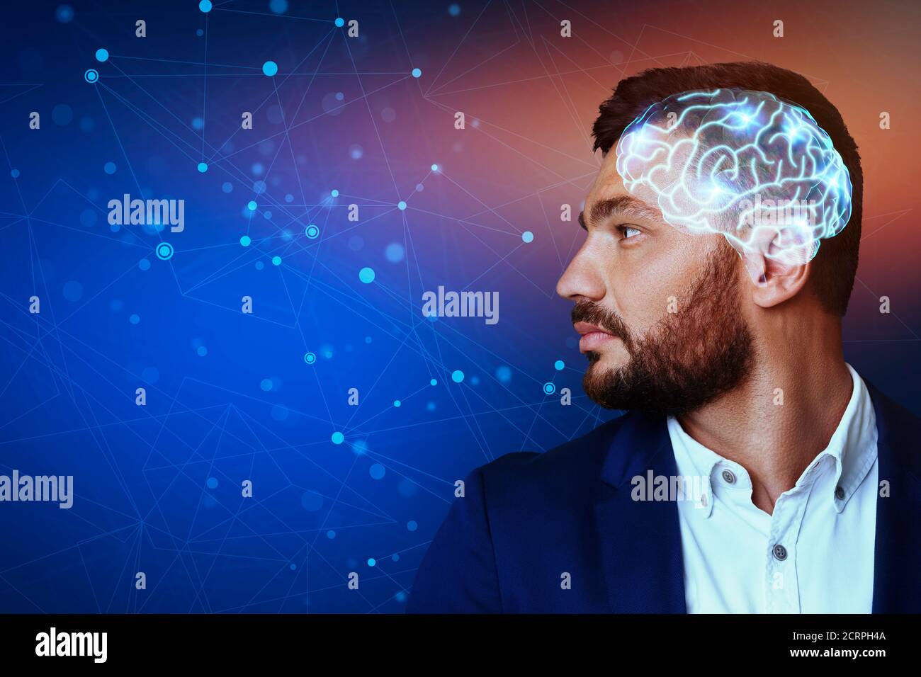 Ki Und Moderne Technologien. Collage Mit Mann Profil Mit Leuchtenden Digitalen Gehirn Stockfoto