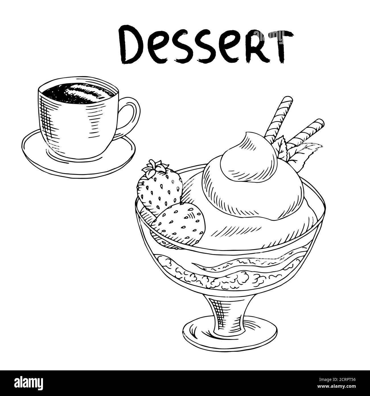 Dessert Erdbeere Eis Tasse Kaffee Lebensmittel Grafik Kunst schwarz Vektor der weißen Skizzendarstellung Stock Vektor