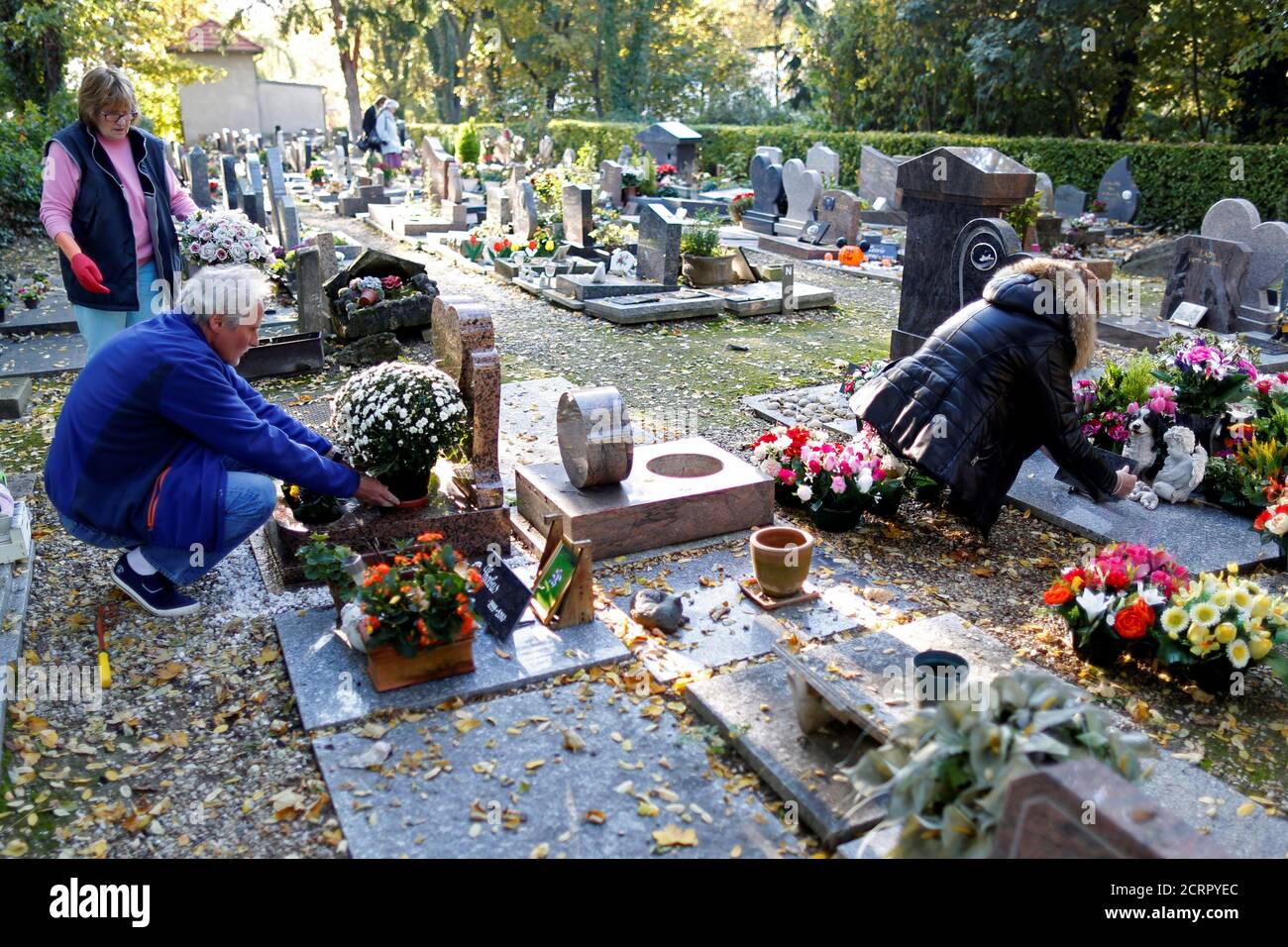 Anwohner bereinigen Sie die Gräber von ihren Hund auf dem Cimetière des  Chiens (Friedhof von Hunden) vor dem Gedenken an All Saints Day auf dem  Montmartre-Friedhof in Asnieres, Paris, Nordfrankreich, 30. Oktober