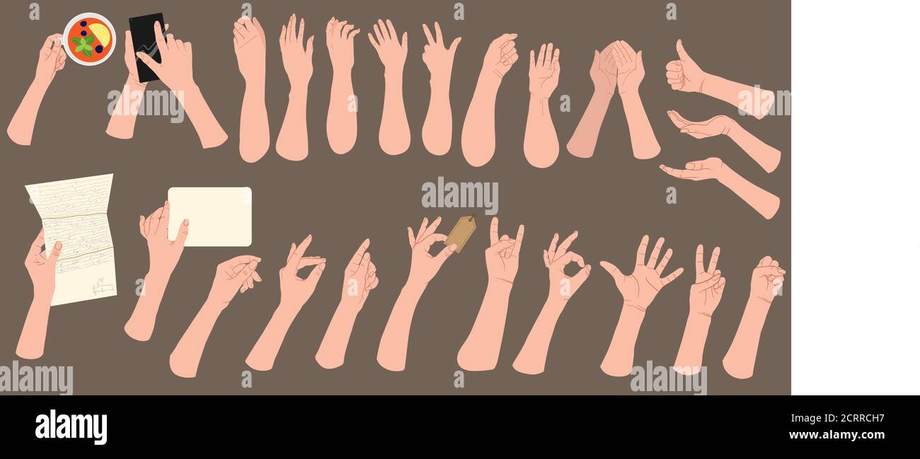 Satz von Händen zeigen verschiedene Gesten isoliert. Verschiedene Handzeichen Sammlung. Vektor flache Cartoon-Illustration von weiblichen und männlichen Händen. Emotional Stock Vektor