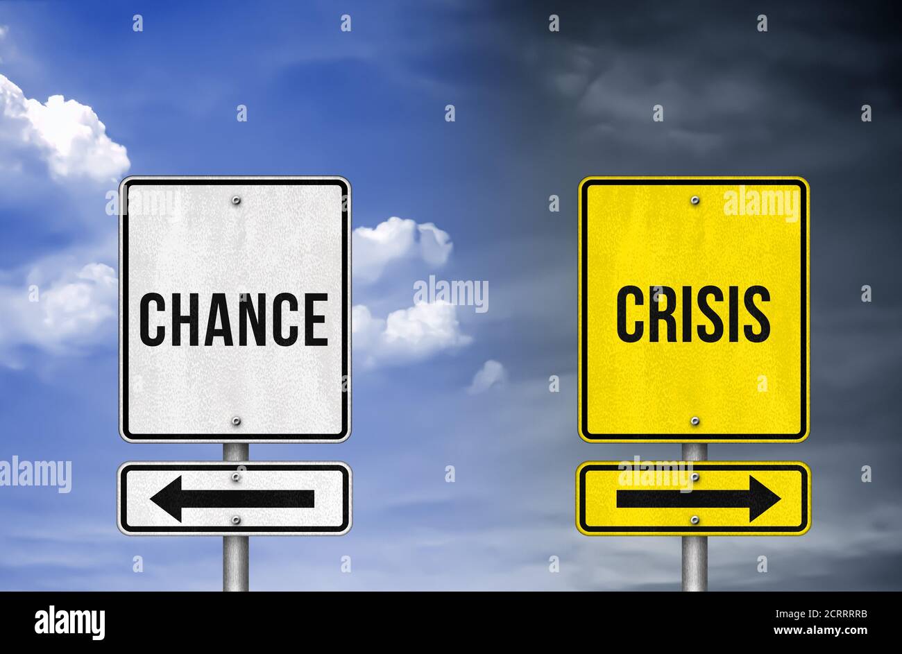 Chance versus Krise – Abbildung der Verkehrszeichen Stockfoto