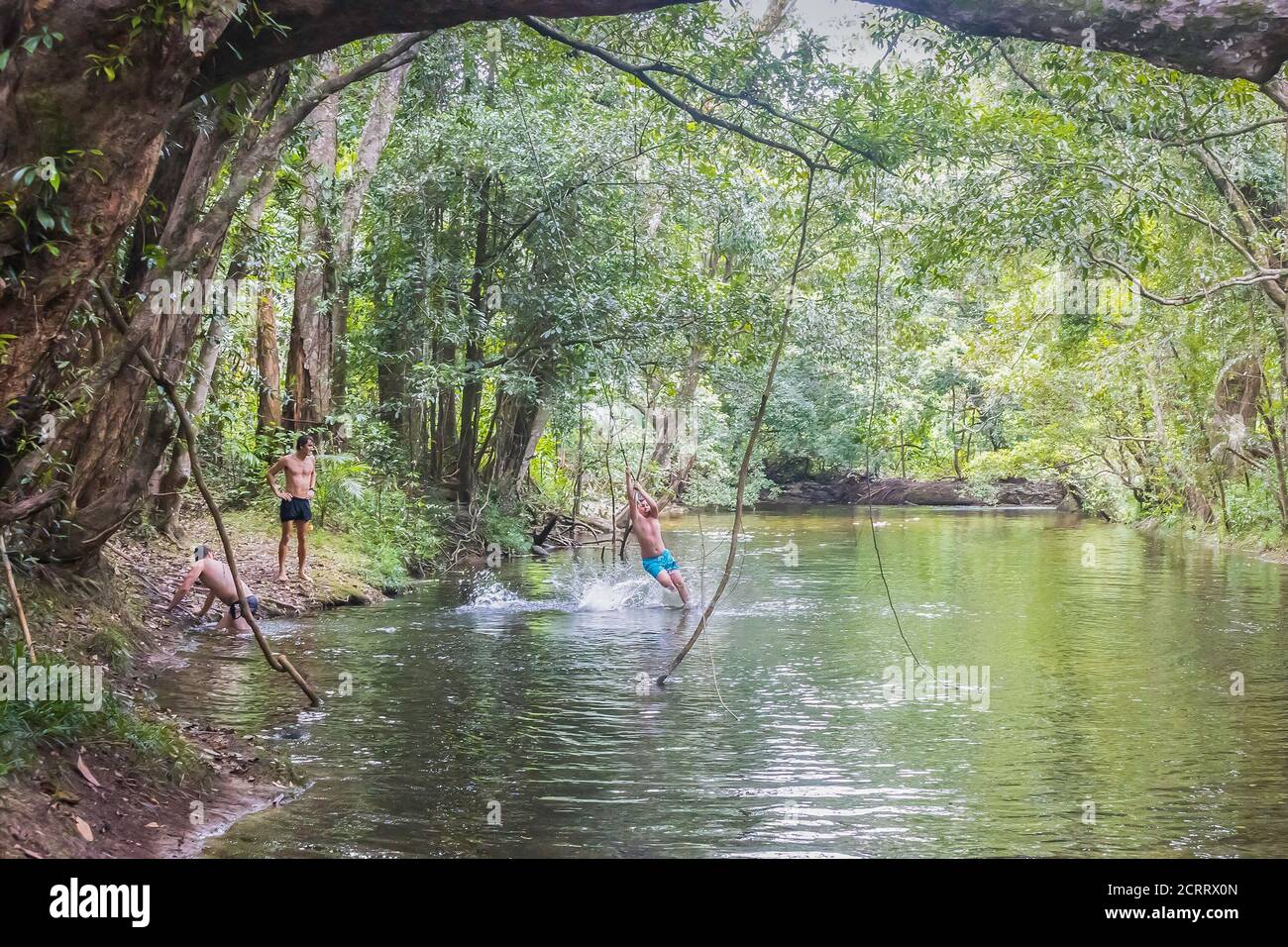 Northern Territory, Australien - 18. März 2020: Jugendliche tummeln sich in einem schattigen Bach und laufen durch einen Regenwald im nördlichen Gebiet von aus Stockfoto