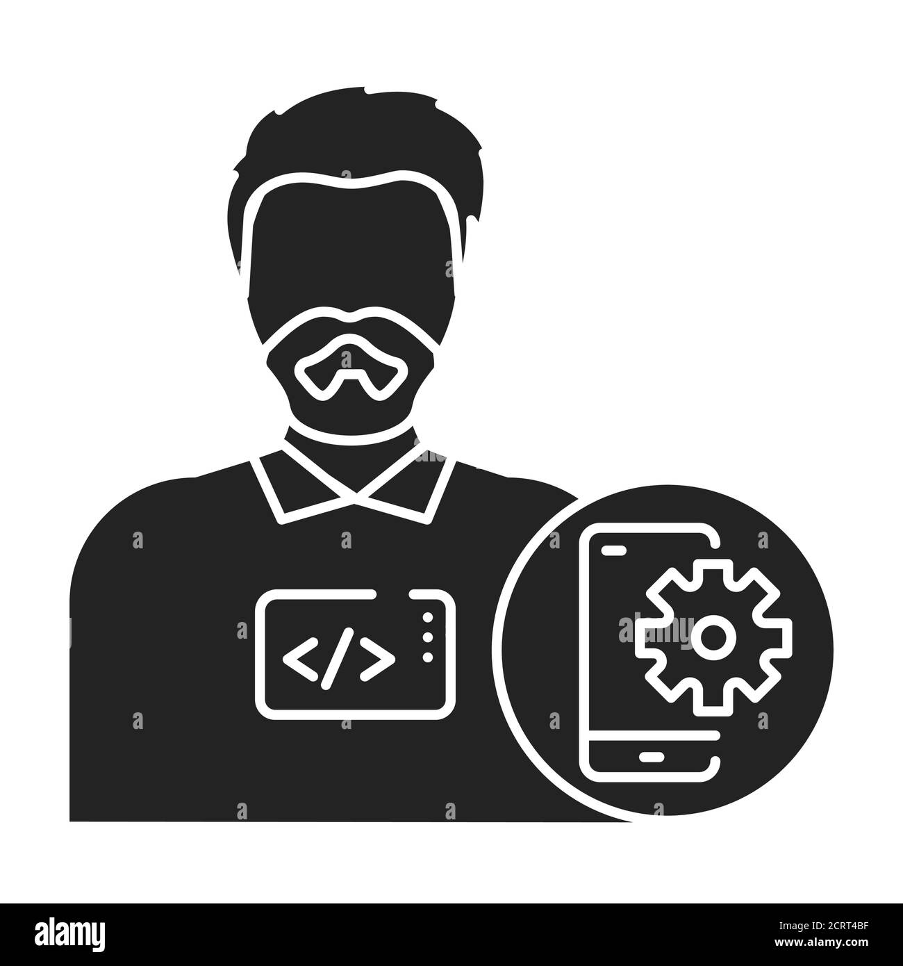 Mobile App Entwickler schwarzes Glyph Symbol. Der Softwareingenieur ist mit dem Testen und Programmieren von Anwendungen beschäftigt. Symbol für Webseite, mobile App, Promo Stock Vektor