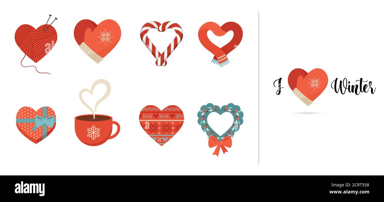 Winterliebe. Sammlung von Konzept-Ikonen, Elemente mit roten Herzen in verschiedenen Formen: Schal, Tasse, Geschenkbox, Fäustlinge und Süßigkeiten. Flache Vektorsymbole Stock Vektor