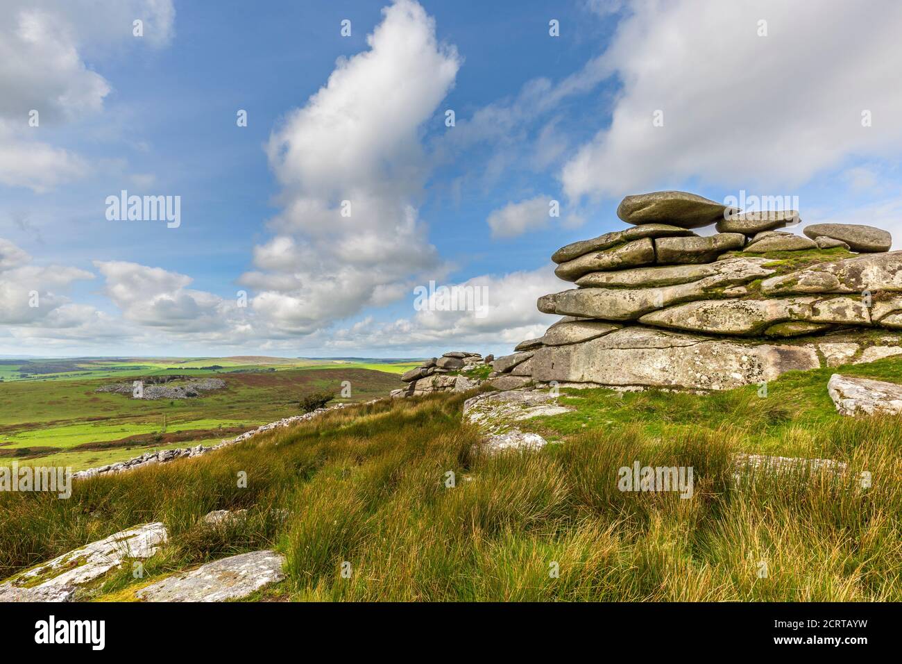 Die gestapelten Felsen des Cheesewring auf Bodmin Moor in Cornwall, England Stockfoto