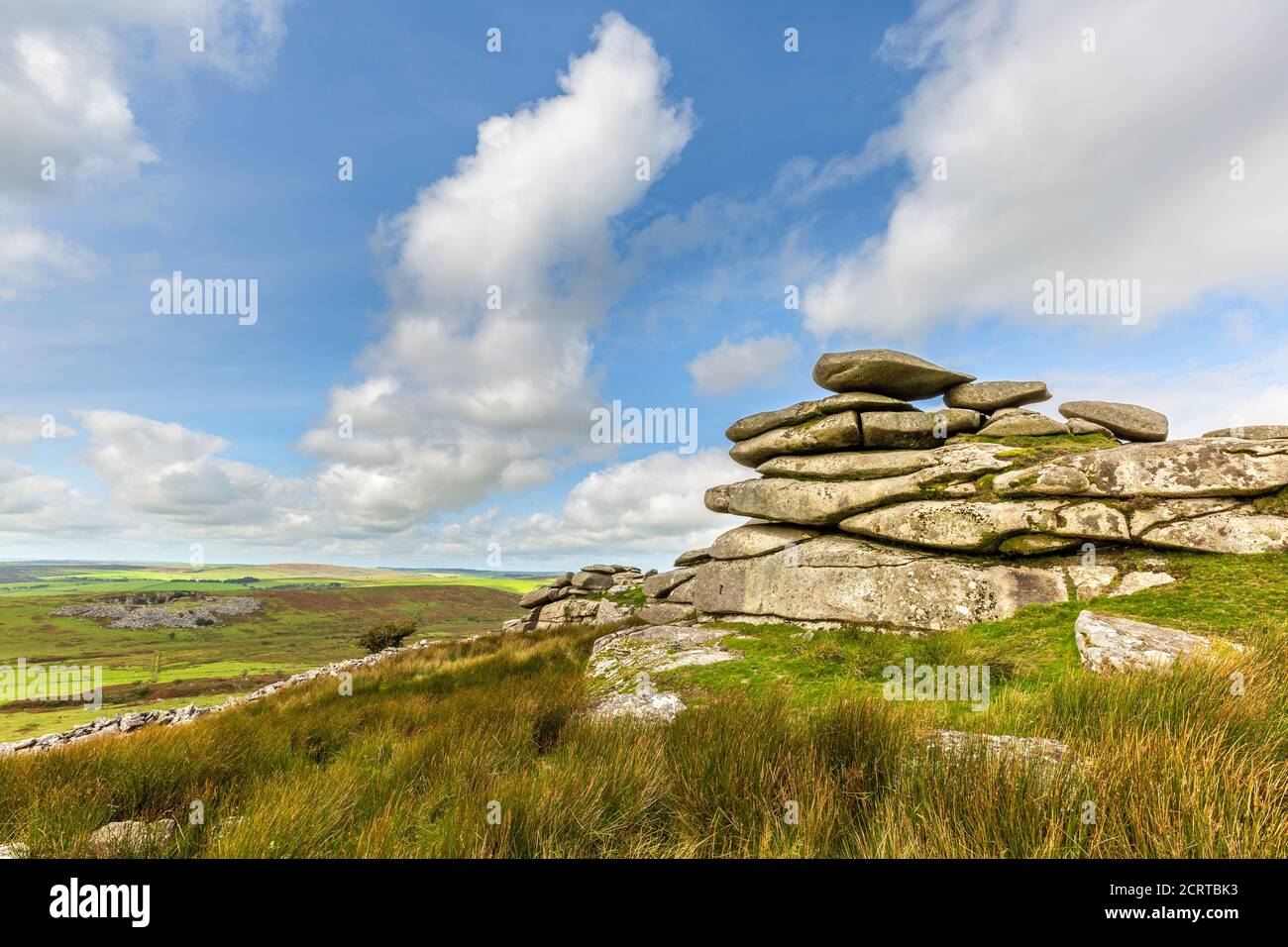 Die gestapelten Felsen des Cheesewring auf Bodmin Moor in Cornwall, England Stockfoto