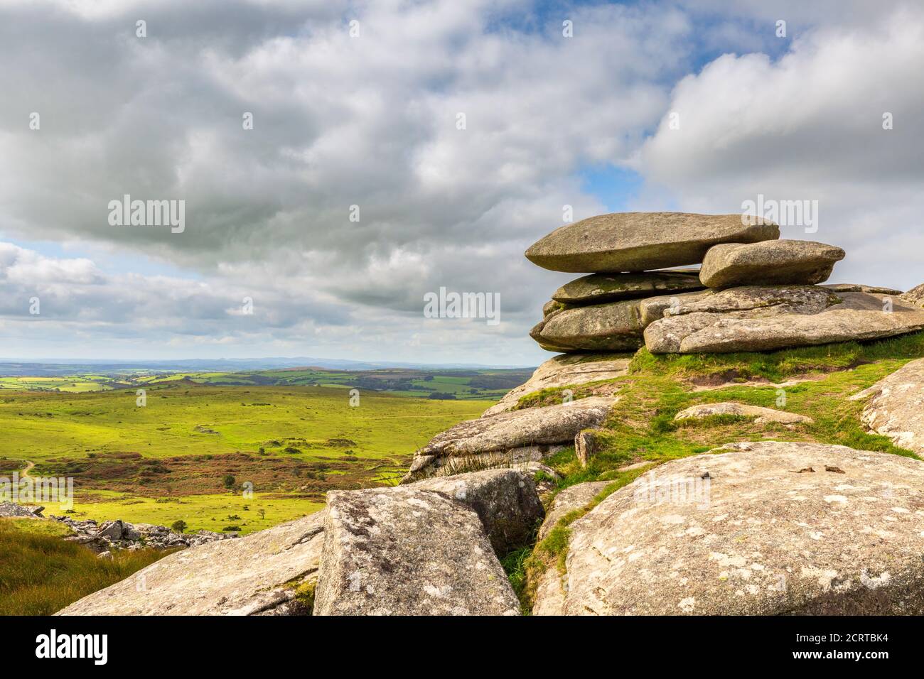 Die gestapelten Felsen des Cheesewring auf Bodmin Moor in Cornwall, England Stockfoto