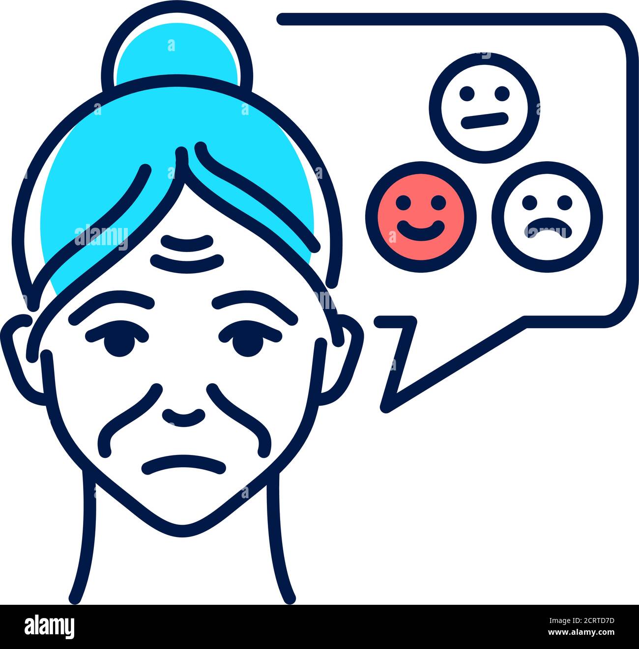 Alte Frau mit Sprechblase unbegründet Emotionen Linie Farbe Symbol. Stimmungsänderung. Hirnerkrankungen Demenz. Registrieren Sie sich für Webseite, mobile App, Schaltfläche, Logo Stock Vektor