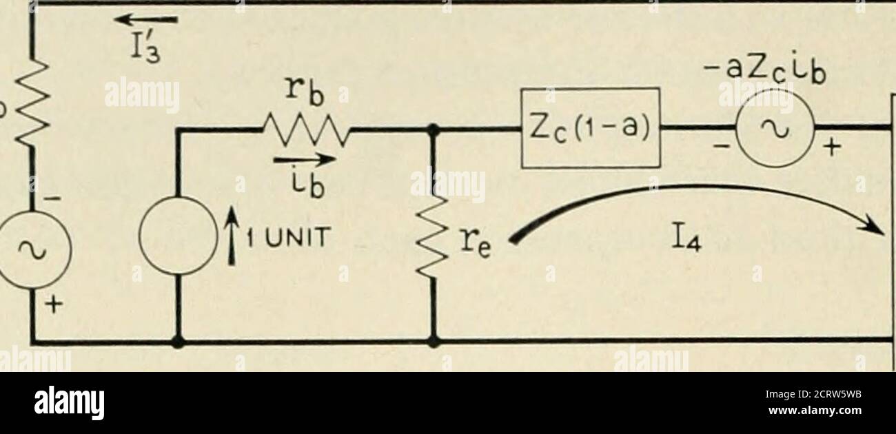 . Die Bell System technische Zeitschrift . Um die Stabilitätsanalyse des Transistor-Feedback-Verstärkers auf eine solide Basis zu stellen, ist es wünschenswert, das Konzept der Rücklaufdifferenz zu nutzen. Es wird gezeigt, dass eine messbare Menge, die sogenannte Ringstromübertragung, mit der Rücklaufdifferenz von AZC mit ReferenzVe .*• t in Abb. 24, N stellt das komplette Transistornetzwerk ausschließlich des betrachteten Transistors dar. Die Rückkopplungsschleife wird am Eingang zum Transistor unterbrochen, indem alle Rückkopplungswege mit * verbunden werden. In diesem Anhang wird davon ausgegangen, dass der Transistor durchbrochen wird Stockfoto