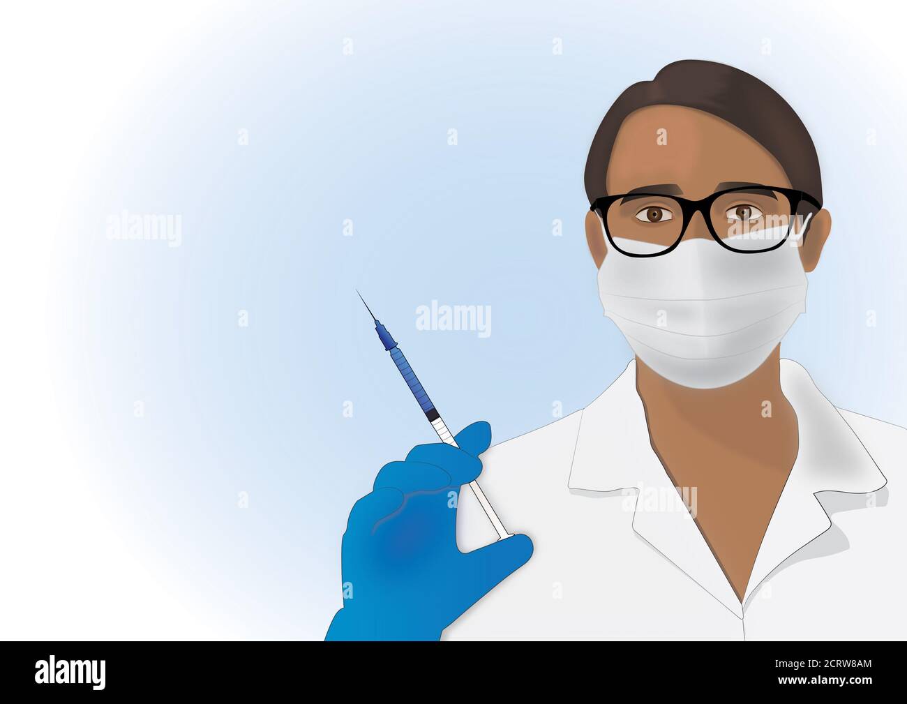 Abbildung einer Krankenschwester, die eine Spritze mit Impfstoff hält Stockfoto