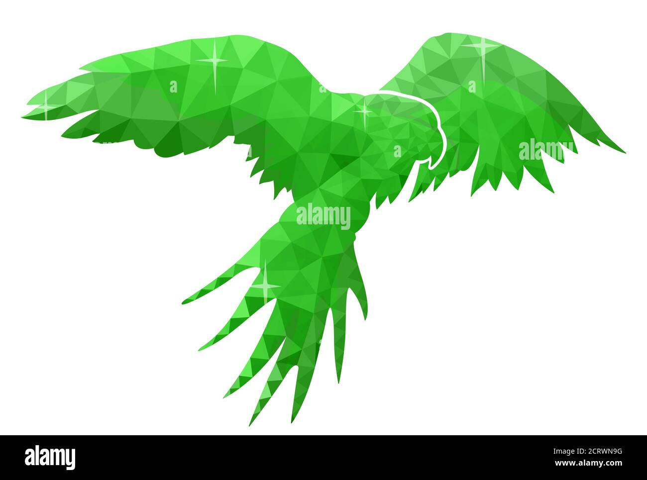 Schöne grüne Low-Poly-Illustration mit fliegendem Papagei auf Weiß Hintergrund Stock Vektor