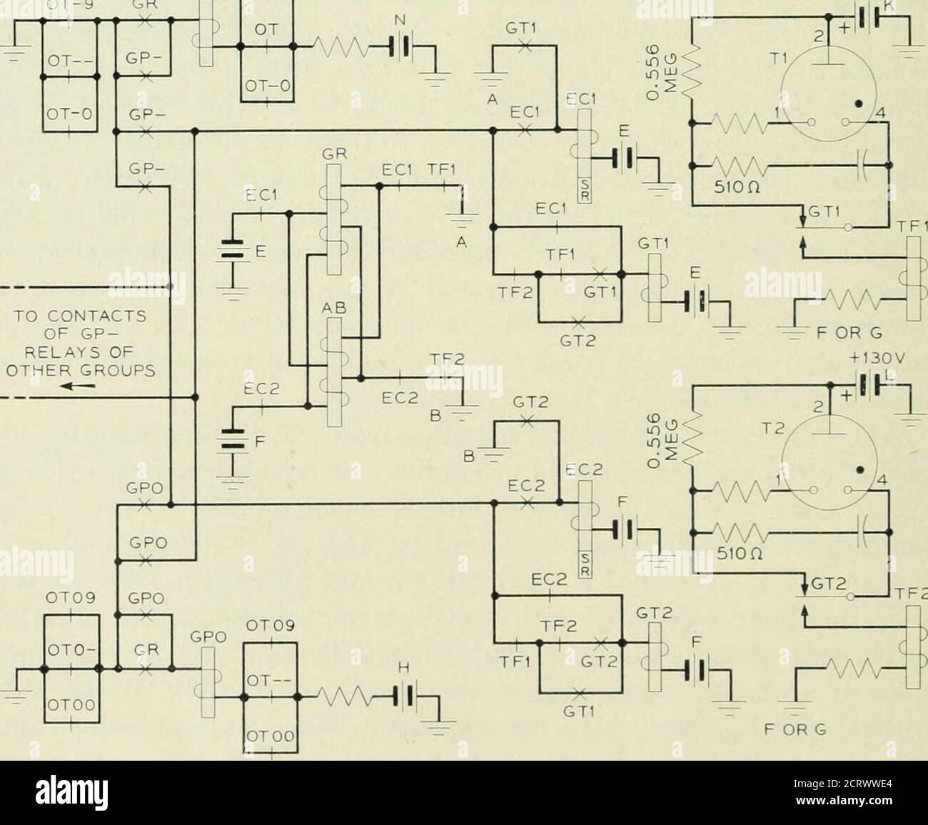 . The Bell System Technical Journal . Eloys Operated releasedie Gruppe Restore (gr) und alle besetzt (ab) Relais Wiederherstellung der Steuerung der Leerlauf-Anzeigelampen an allen ursprünglichen Schalttafeln zu den verbundenen Amtsleitungen. Die Zeitmessung erfolgt mittels kalter Kathodengasrohre in Verbindung mit Widerstandskapazitätsschaltungen. Der Steuerspalt der Gasleitung (Klemmen 1 und 4) ist über den Kondensator verbunden, der normalerweise über 510 Ohm kurzgeschlossen ist. Zum Starten des Timings entfernt das gt-Relais den Kurzschluss um den Kondensator und verbindet Masse durch das tf- Relais in Reihe mit dem Kondensator und t Stockfoto