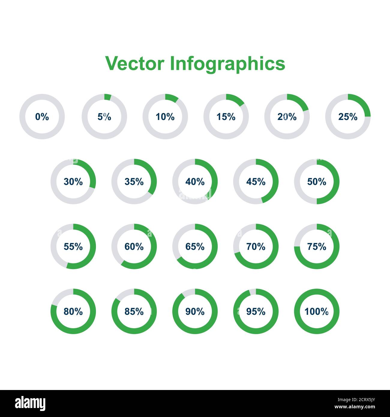 Satz von Infografik-Elementen für Kreisdiagramme. 0, 5, 10, 15, 20, 25, 30, 35, 40, 45, 50, 55, 60, 65, 70, 75, 80, 85, 90, 95, 100 Prozentsätze . Stock Vektor