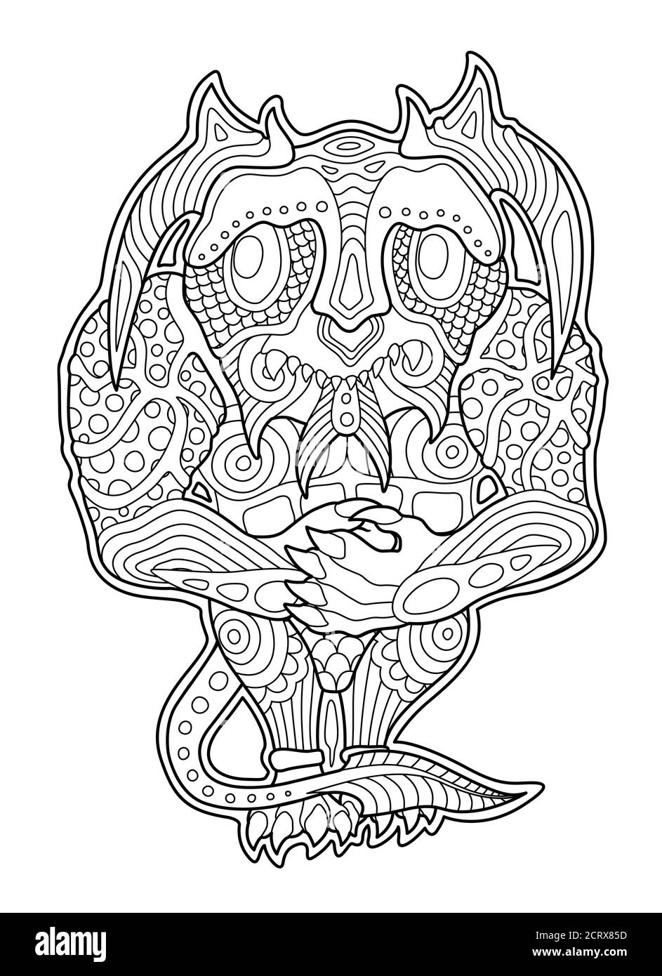 Schöne Malbuch Seite mit lustigen Zen Kunst mit Cartoon Schüchternes Monster auf weißem Hintergrund Stock Vektor