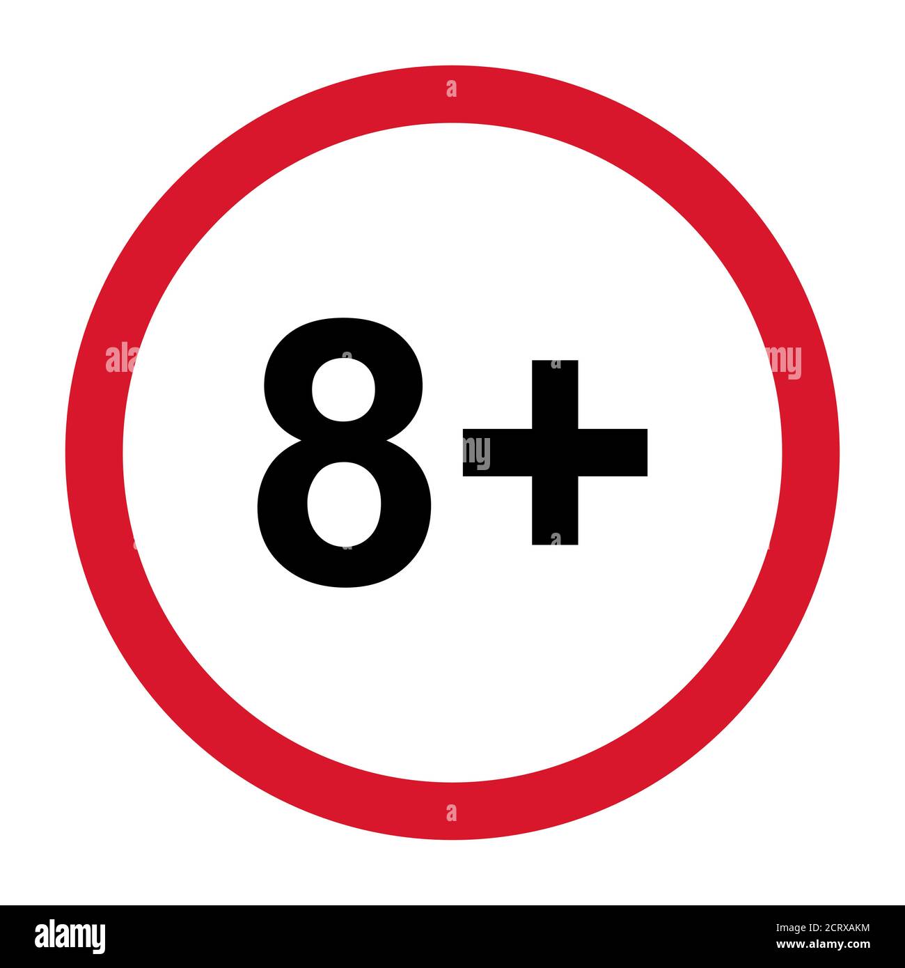 8+ Beschränkung flaches Zeichen isoliert auf weißem Hintergrund. Symbol für Altersgrenze. Nein unter acht Jahren Warnung Illustration . Stock Vektor