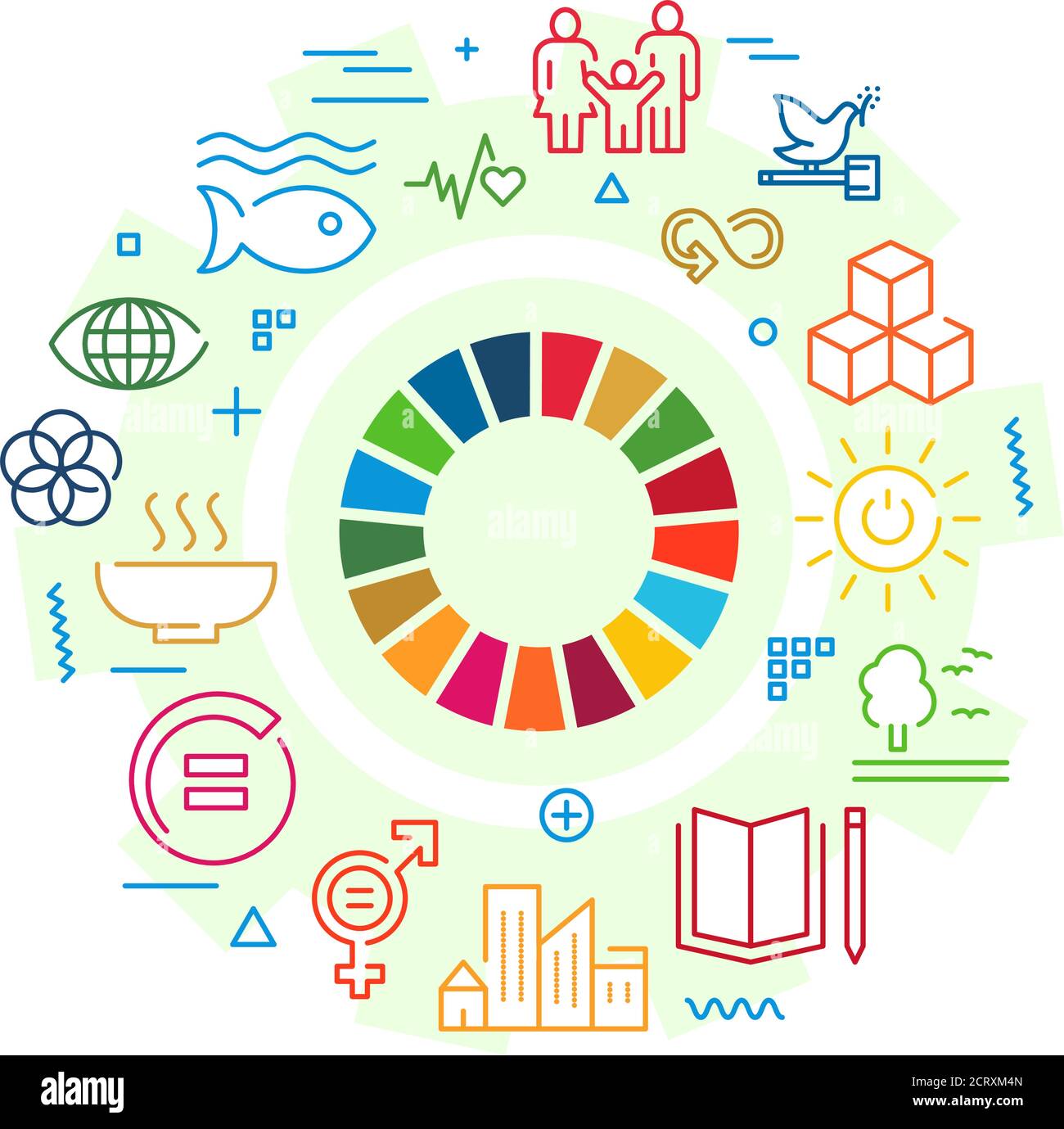 Corporate Social Responsibility Wortbanner. Nachhaltige Entwicklungsziele. SDG-Zeichen. Infografiken mit linearen Icons im Hintergrund Creative Idea Stock Vektor