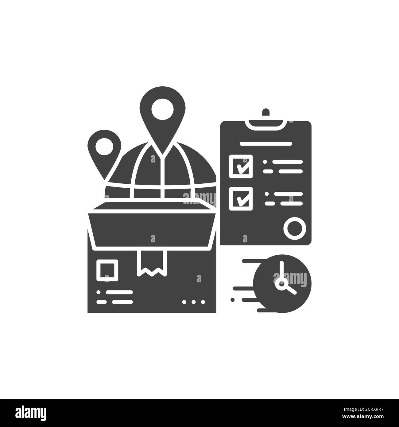 Weltweite Lieferung schwarzes Glyphen-Symbol. Box und Checkliste unterzeichnen. Expressversand. Für Webseite, App anmelden. UI UX GUI Design Element Stock Vektor