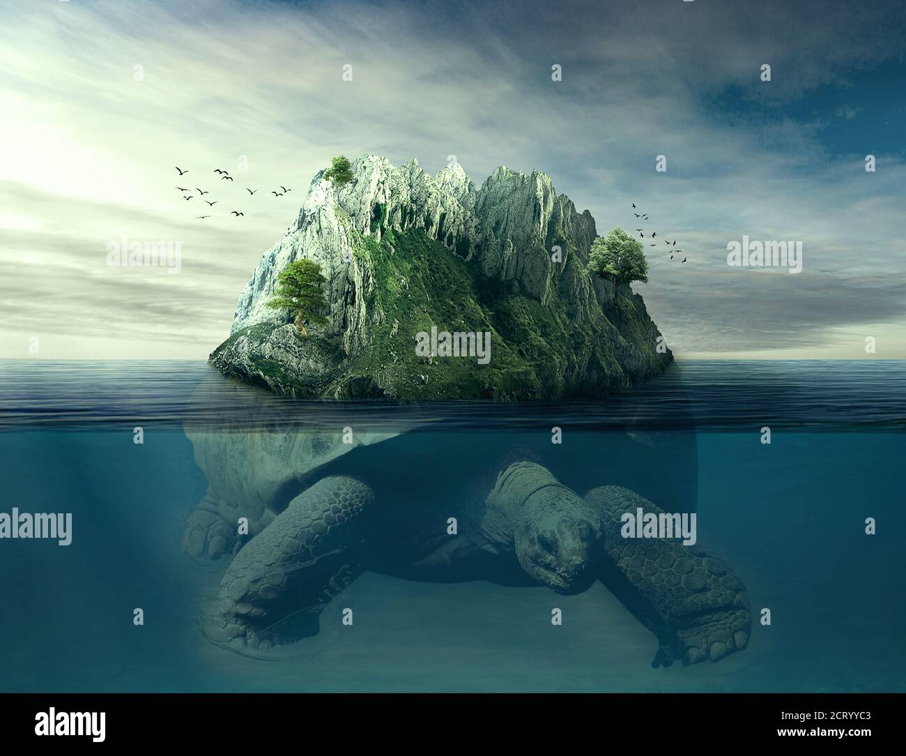 Riesenschildkröte auf der Rückseite schwimmend unter der Ozeanoberfläche in blauem Wasser. Astrologie, Astronomie, antike Mythologie, Geheimnis, Traumland, Stockfoto