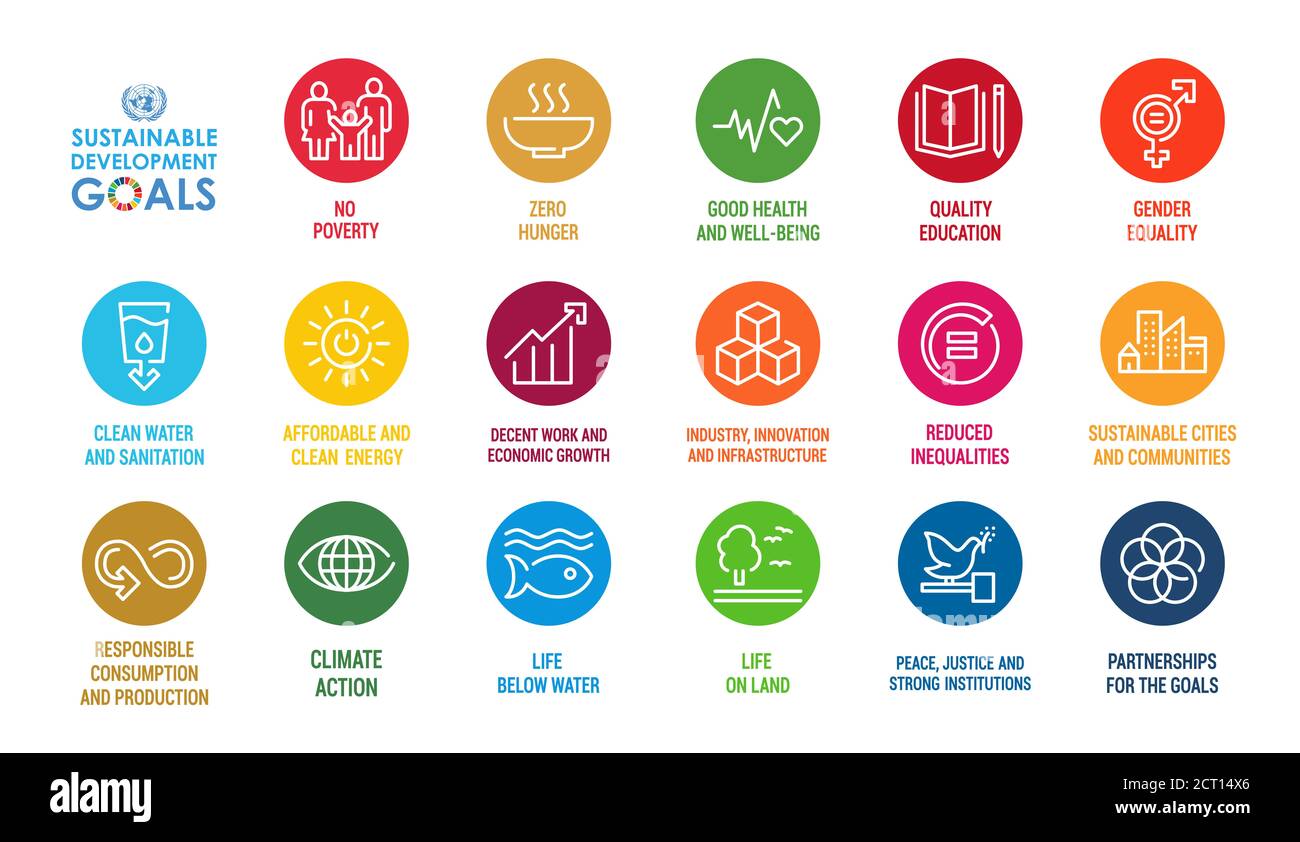 Corporate Social Responsibility Zeichen. Darstellung der Ziele für nachhaltige Entwicklung. SDG-Zeichen. Piktogramm für Anzeige, Web, mobile App, Promo. Stockfoto