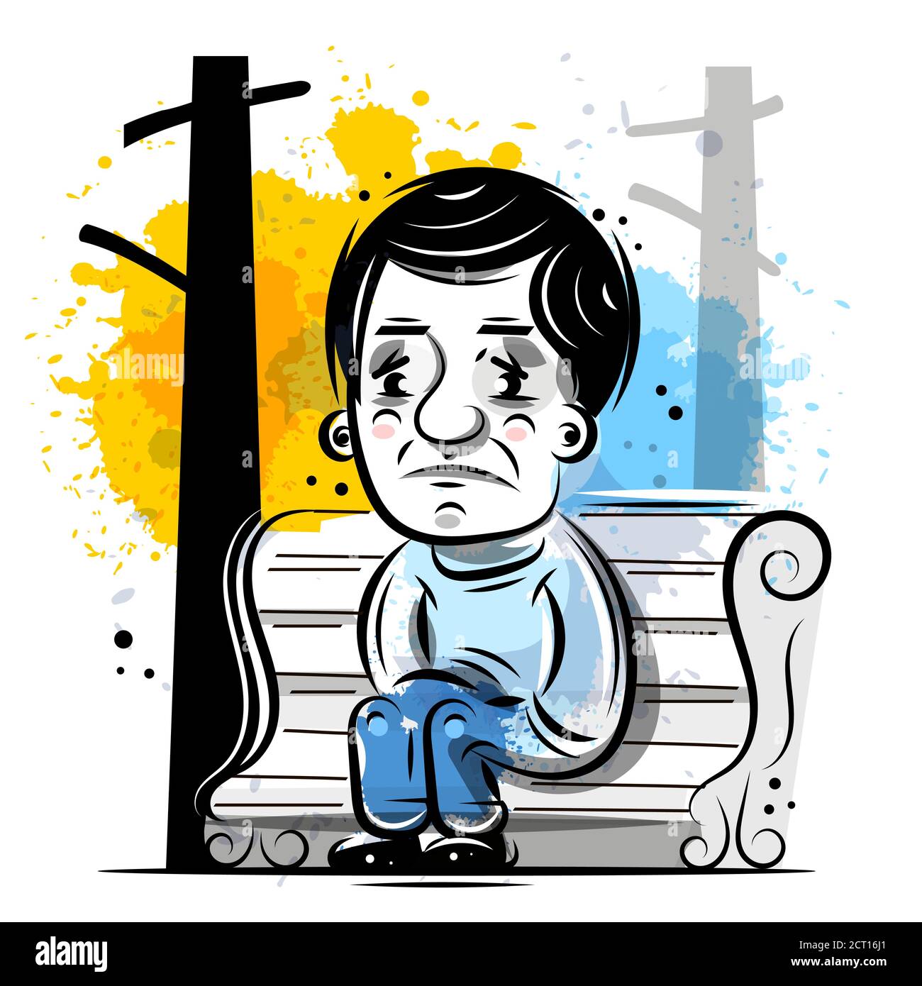 Einsamer Kerl auf der Bank Herbstdepression, Herbstgelb Stock Vektor