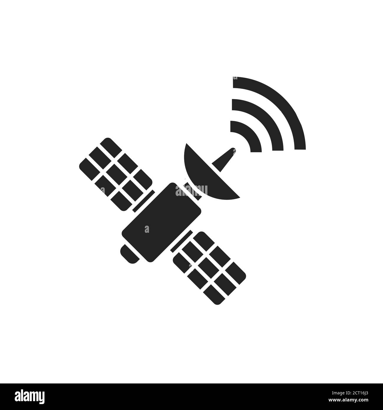 Schwarzes Satellitensymbol. Drahtlose Kommunikationsgeräte. Antenne sendet und empfängt ein Signal aus dem Weltraum. Melden Sie sich für Webseite, mobile App Stock Vektor