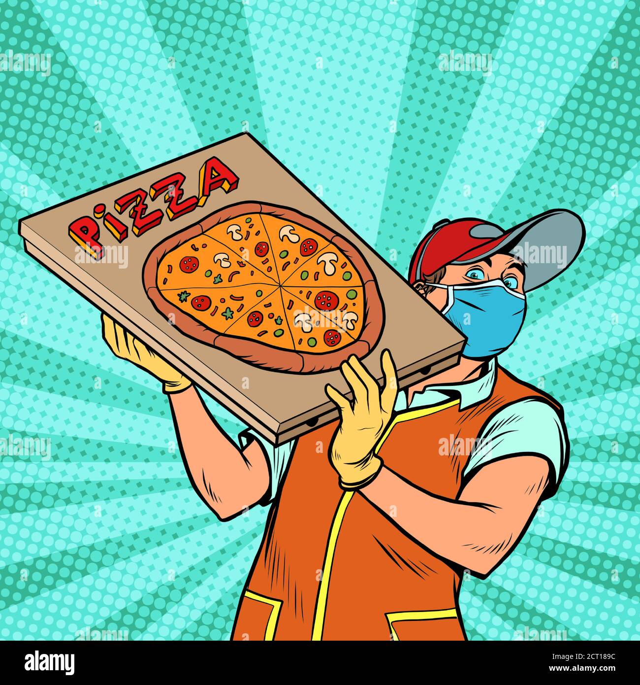 Pizza Lieferung Junge in einer Schutzmaske. Street Food Stock Vektor