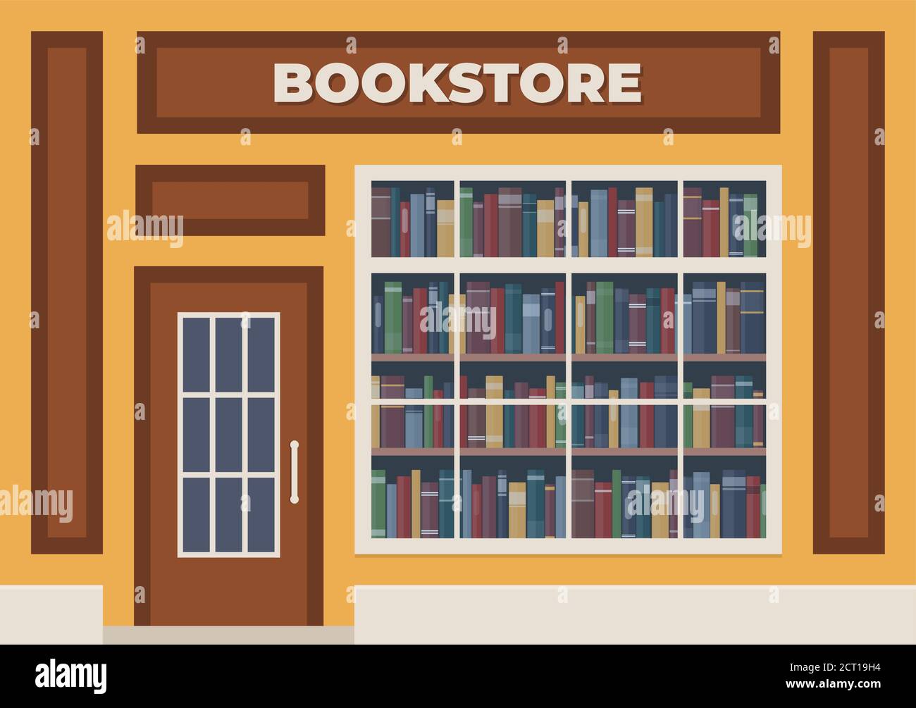 Eine Buchhandlung mit einem Schild über dem Eingang. Bücher im Schaufenster in den Regalen. Straßenladen. Vektorgrafik, flacher Stil Stock Vektor