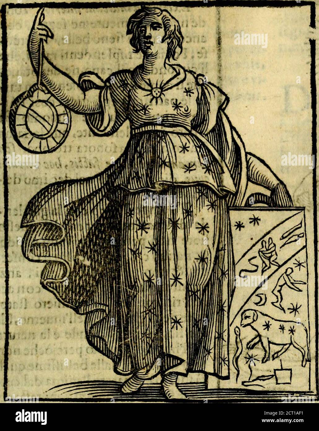 . Iconologia . D VNA Vecchia, la quale tiene con ambele mani vn Tempo dhorokìgio , & àcanto vi è vno fcoglio circondata da vn ra-Biodhellera. D ASTROLOGIE. Onna veftita di c^lor celefte con vna corona di ftelle in cr&gt;po» porterà alle ipalle lali, nella deftiamano rtrrà vn fcertro, nella lìniftraina sfera, &à fanto vniquila. Aftrologia die e parola venuta dal Greco, Cuoiia cella noftra lin&lt;^ua ragionameuto di Libro Primo.A S T R : O nj o m i a. A9. DOnnaveftitadi Color pauonazzo tut-to {Iellato » con IJ vifo riuolto al Cielo»che con la de ftra mano tenga vn*Aftrolabio,&c con la finfftta V Stockfoto