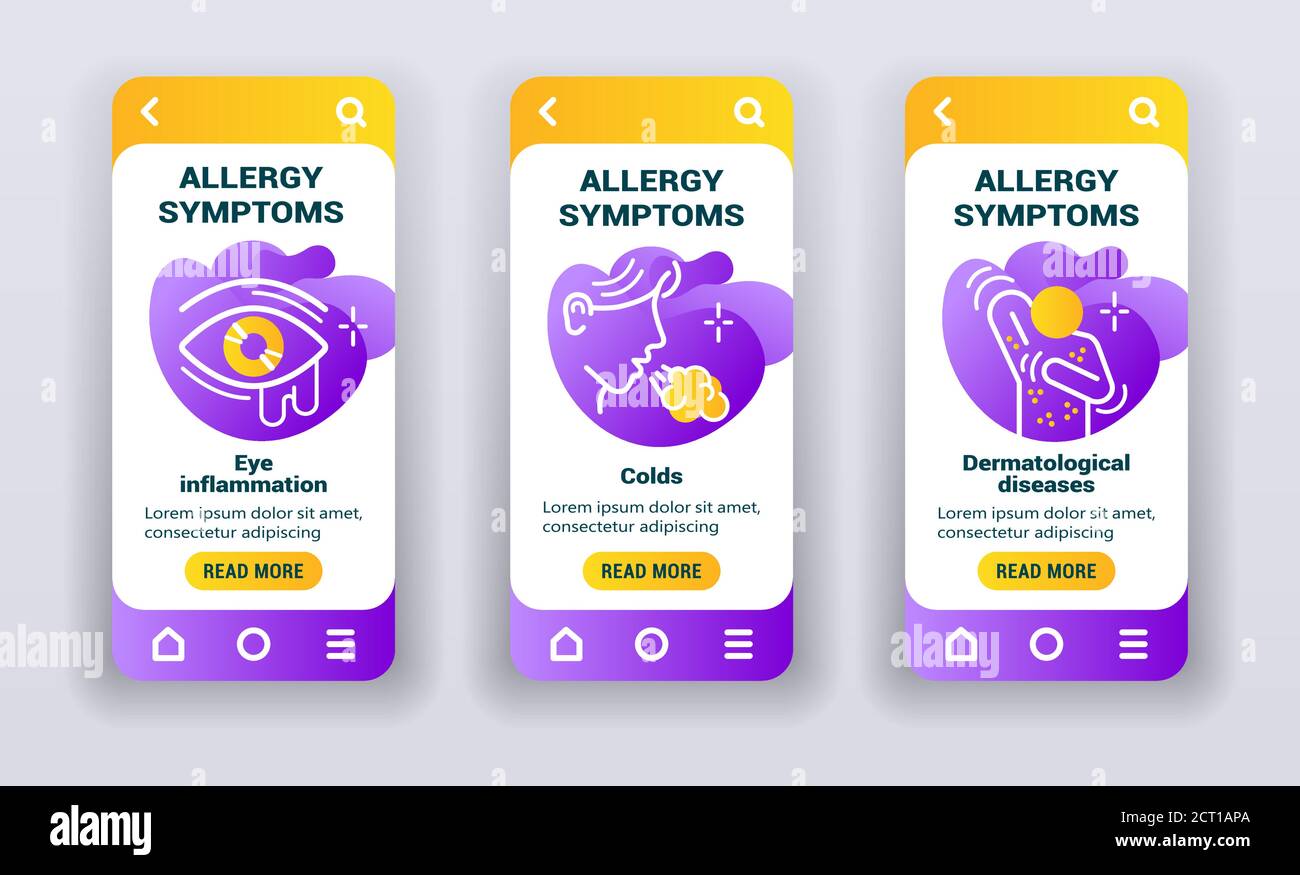 Allergiesymptome Mobile App Screen Kit. Flache Vektordarstellung isoliert. Stock Vektor