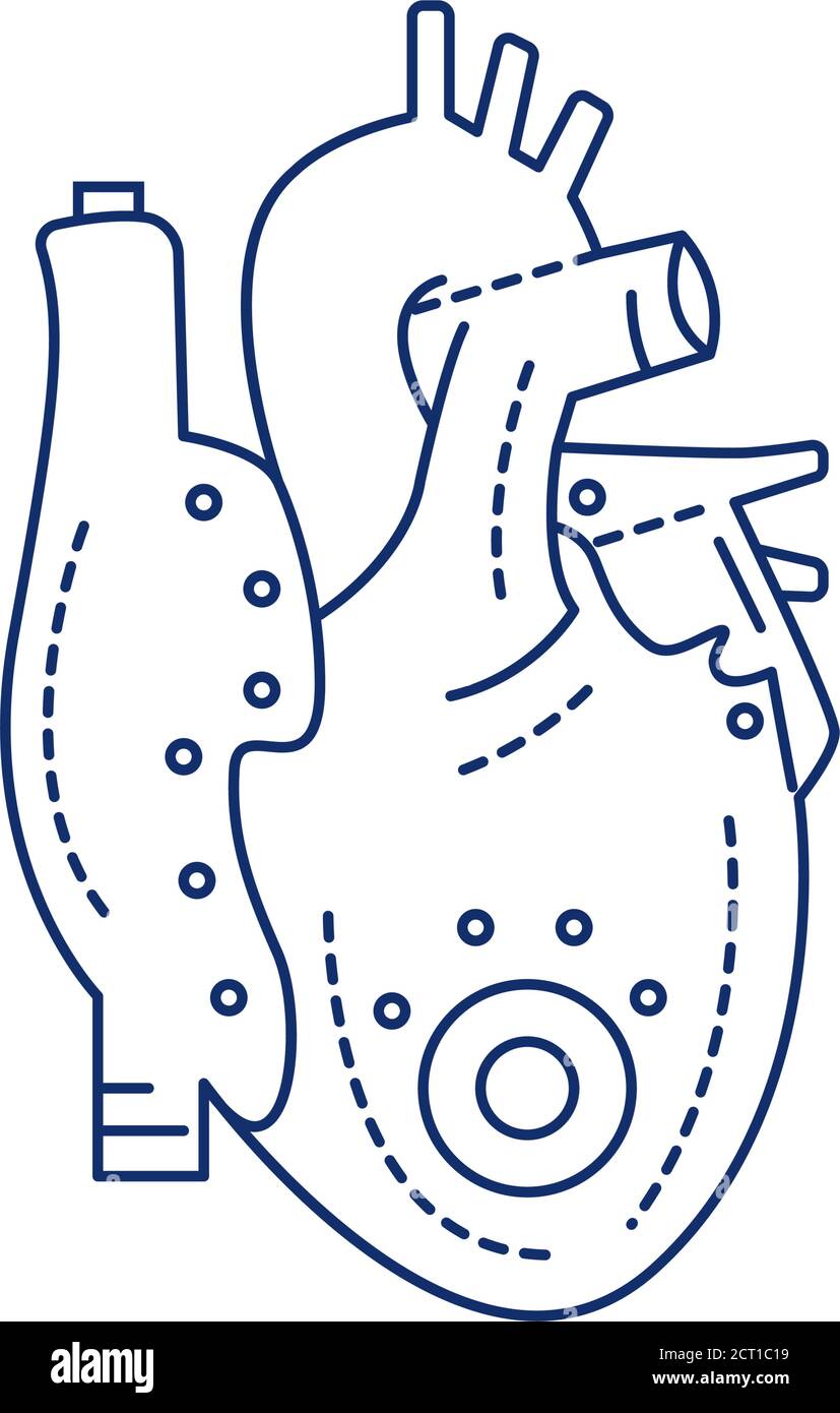 Bio künstliche Herz schwarze Linie Symbol. Speziell entwickeltes Herz. Enthält die extrazelluläre Struktur. Ersetzt eine abwesende natürliche Herart. Piktogramm für Web Stock Vektor
