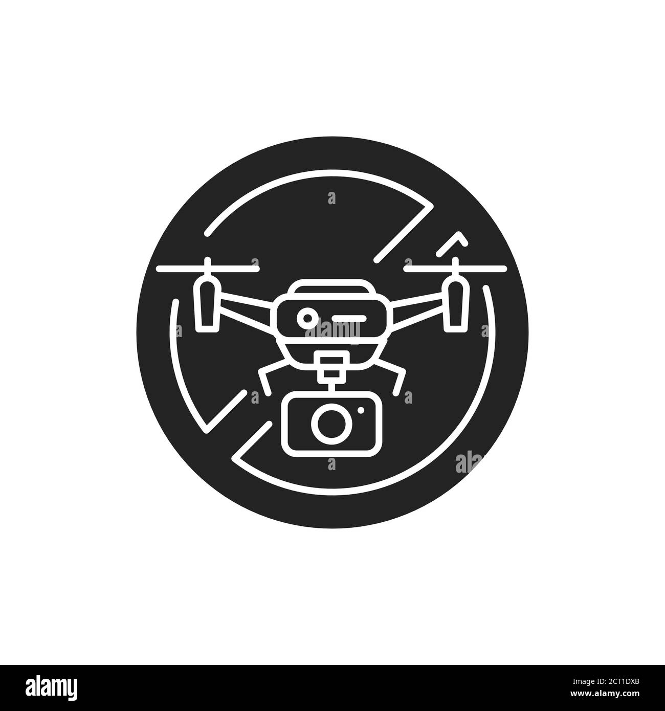 Quadcopter Video verboten schwarzen Glyphen-Symbol. Keine Drohnenzone. Gerätekonzept für Flugzeuge. Melden Sie sich für Webseite, mobile App, Banner, soziale Medien an Stock Vektor