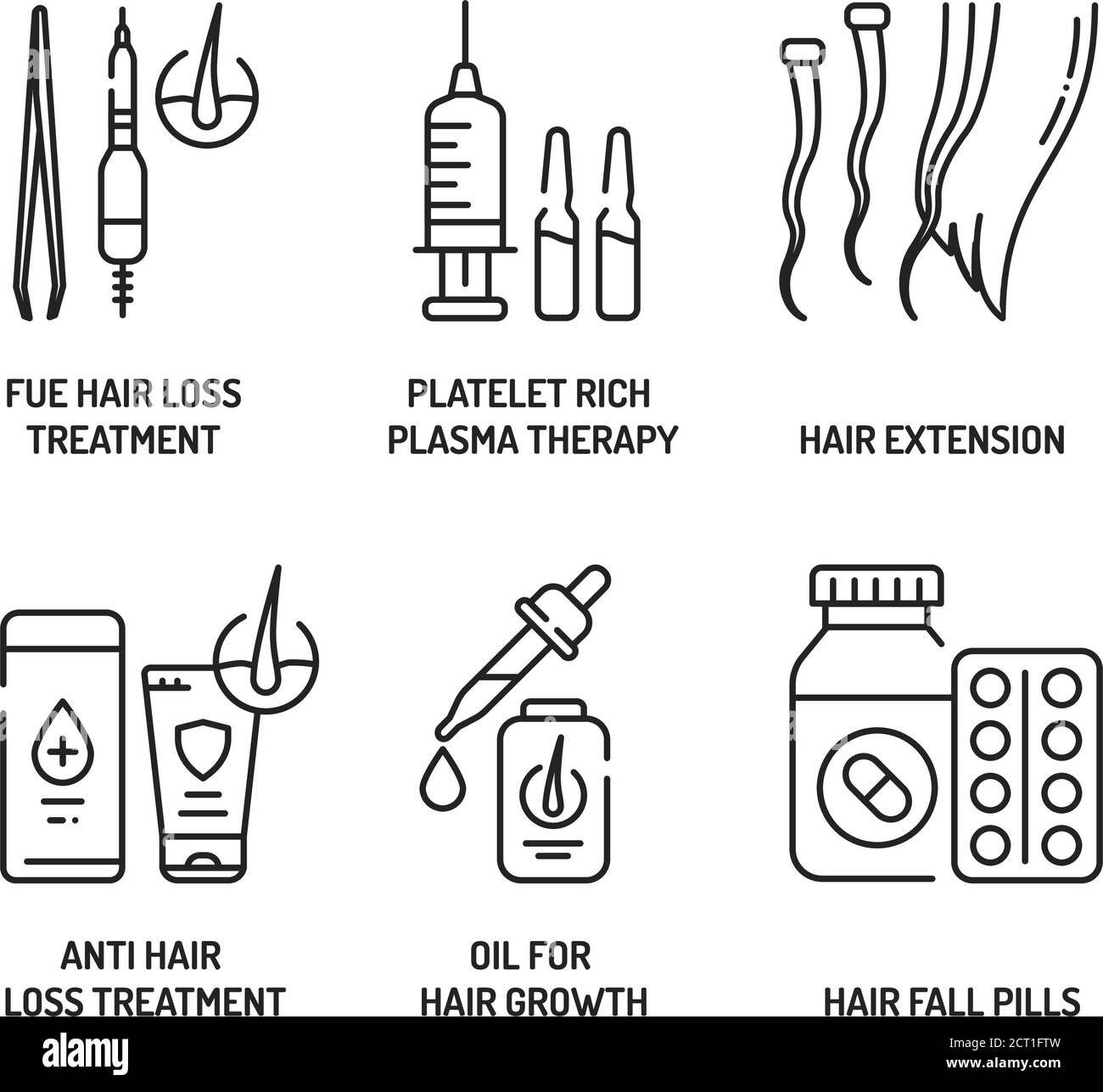 Haarbehandlung für Alopezie schwarze Linie Symbole gesetzt. Werkzeuge und Aktionen, die helfen können, Haarausfall zu heilen. Alopezie. Piktogramm für Webseite, mobile App, Promo Stock Vektor