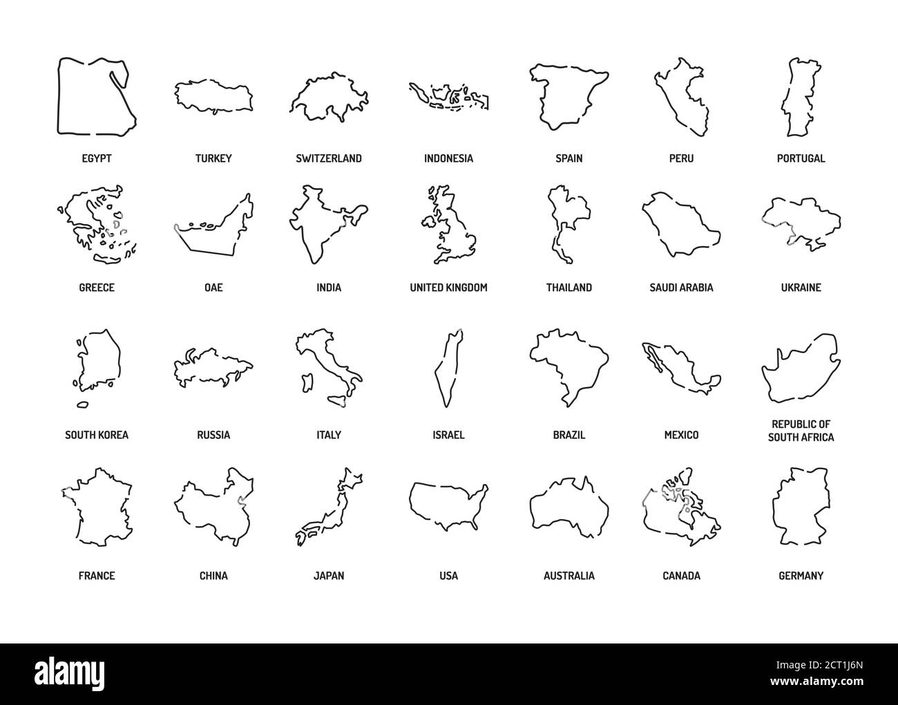 Schwarze Linien für Länder eingestellt. Verschiedene Länder der Welt aus allen Kontinenten. Piktogramm für Webseite, mobile App, Promo. UI UX GUI Design Element Stockfoto