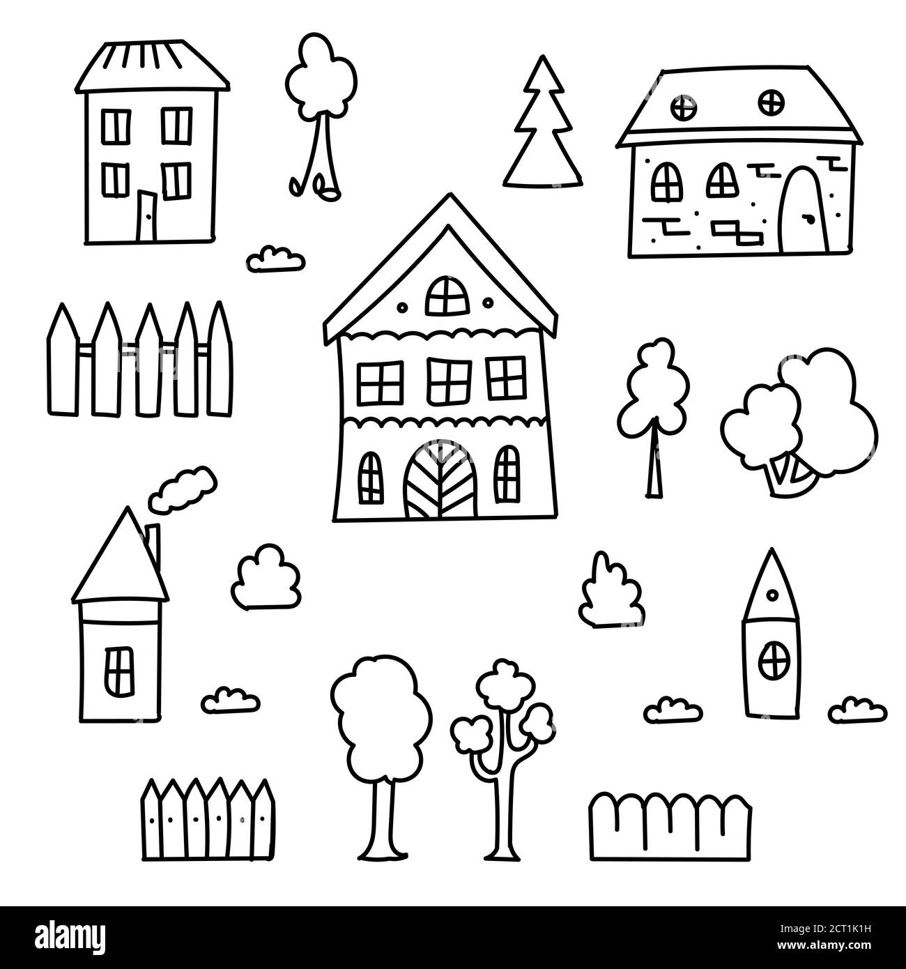 Handgezeichneter Satz von Doodle Häuser, Bäume und Zäune. Dünne schwarze Linie. Verschiedene Fenster, Türen und Dächer. Vektorgrafik isoliert auf Weiß Stock Vektor