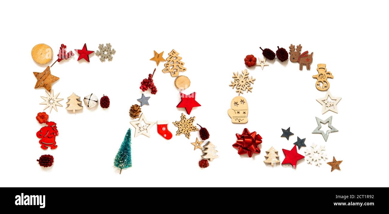 Bunte Weihnachtsdekoration Brief Gebäude Wort FAQ Stockfoto