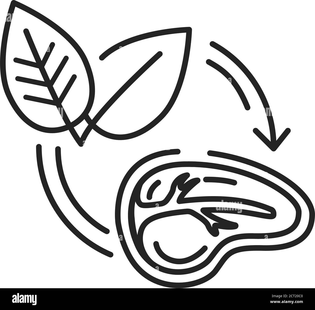 Symbol für die schwarze Linie von Fleisch auf pflanzlicher Basis. Fleisch aus Pflanzen. Entworfen und geschaffen, um wie zu aussehen, wie zu schmecken und wie herkömmliches Fleisch zu kochen. Piktogramm für Stock Vektor