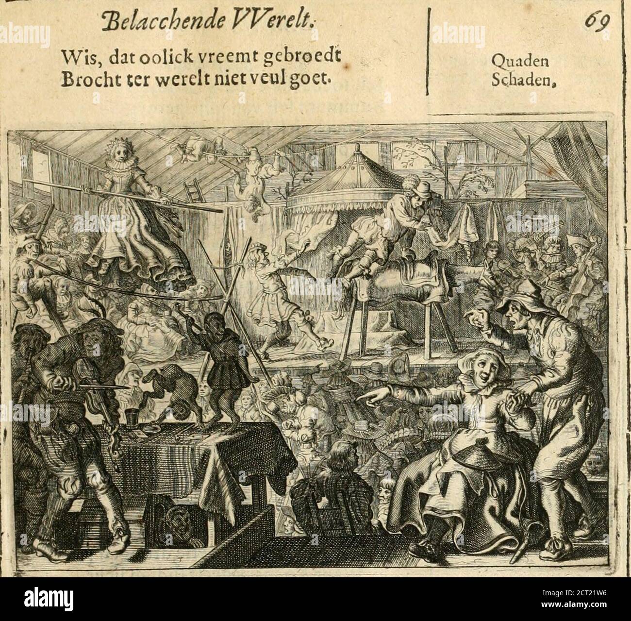 . AdR. vande Vennes Tafereel van de belacchende werelt : en des selfs geluckige eeuwe, goet rondt, met by-gevoegde raedsel-spreucken, aengevesen in de boer-achtige eenvoudigheyt, op de haegsche kermis : verkiert met konst-rijcke-beeldet w d'figen' d'figen'. Ach! wat ken de Mens vcrfïnne tFy, hoe raackte wy hier binne Ongder deufe lichte-vreugt &gt; Tijdt-verquijlingh niet en deugt»lek (ou wel een beetje ruften*Lubbert^ benjefwaarvan luften, Ofnieus-gierigh tötbegaap? Straalt je oogcn op den Aap,die foo tuymclt, Ipringt, en kog Stockfoto