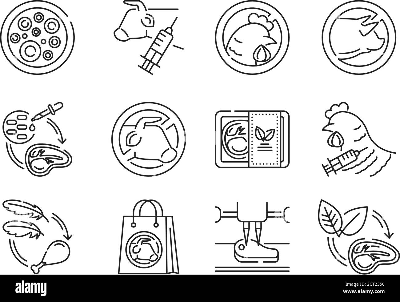 Künstliche Fleisch schwarze Linie Symbole gesetzt. Kultiviertes Fleisch. Fleisch, das in Zellkultur statt in Tieren angebaut wird. Piktogramm für Webseite, mobile App, Promo Stock Vektor