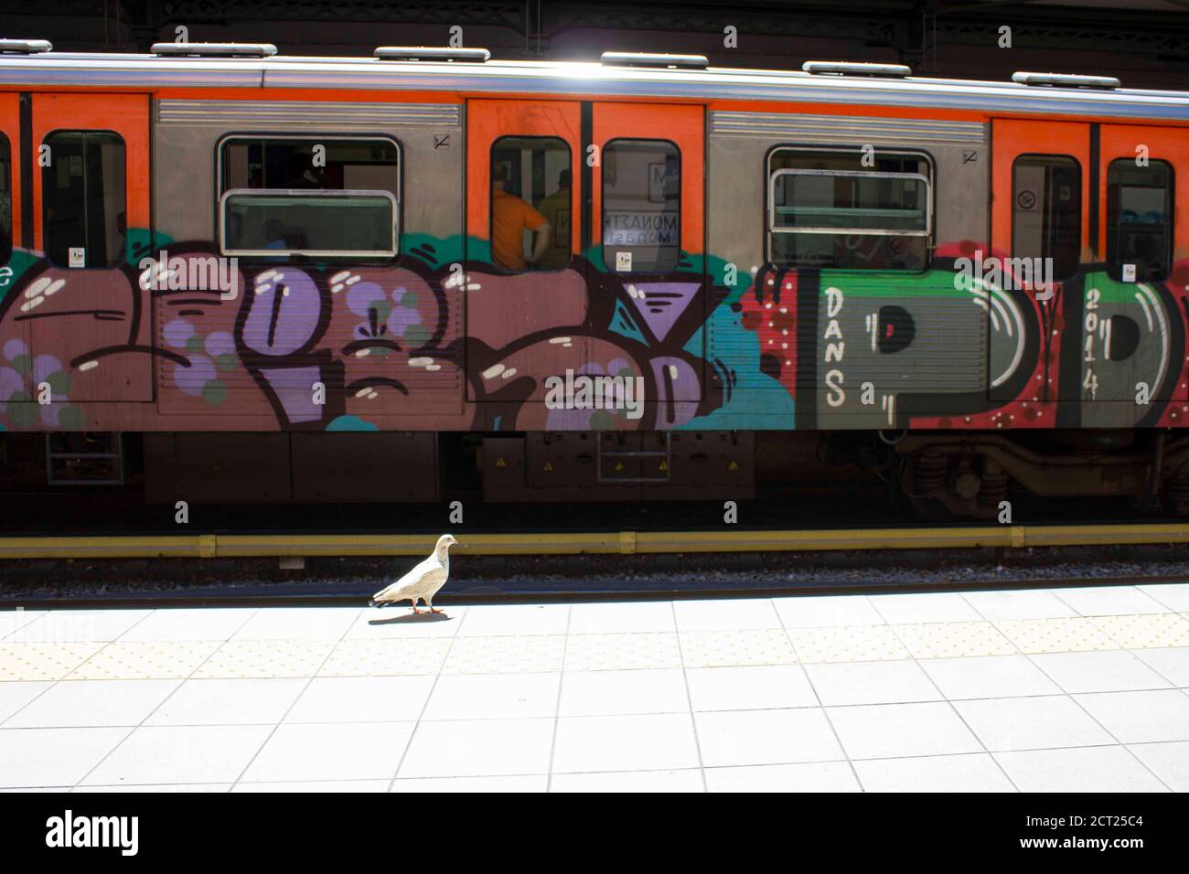 ATHEN, GRIECHENLAND - AUGUST 14 2016: Zugwaggon am Bahnhof von Monastiraki in Athen, Griechenland, mit einem Vogel Stockfoto