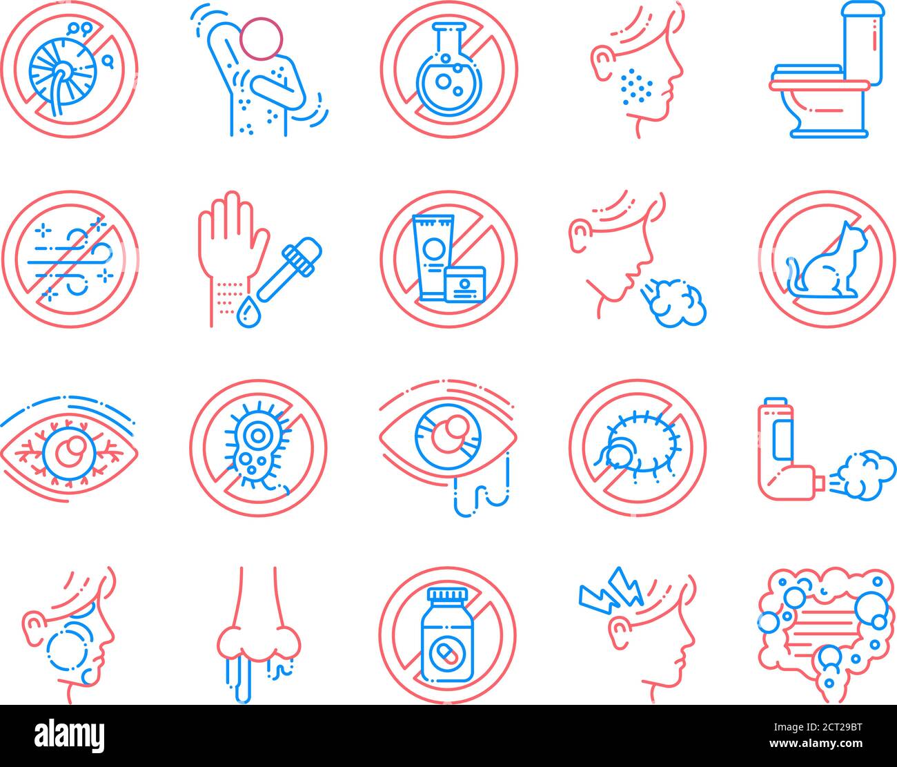 Farbsymbole für Allergie- und Symptomlinien gesetzt. Dermatologische, infektiöse Erkrankung. Nahrungsmittelunverträglichkeit. Stock Vektor