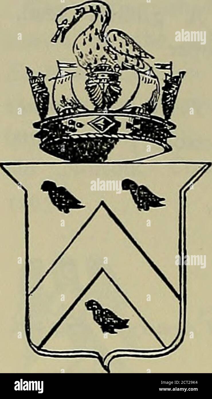 . Amerika heraldica : eine Sammlung von Wappen, Wappen und Mottos von prominenten amerikanischen Familien in diesem Land vor 1800 angesiedelt. Arme : Argent, ein Chevron, Kiemen, zwischen- drei Marmellets, sable. Wappen : aus einer Nabelkrone, oder, ein Schwan, argent,guttde de sang [Englishbranch]. Motto : Durchgehen. S. G. Drake : die Geschichte und Altertümer von Boston, J28. Heraldic Journal, III., 173. Rhode Island Historical Society Collections, III., 287.Austins Rhode Island Genealogical Dictionary, 1886.Sir Bernard Burke: The General Armory of England, etc., 1884.The Book of Family Crests, II., 61. Motto Stockfoto